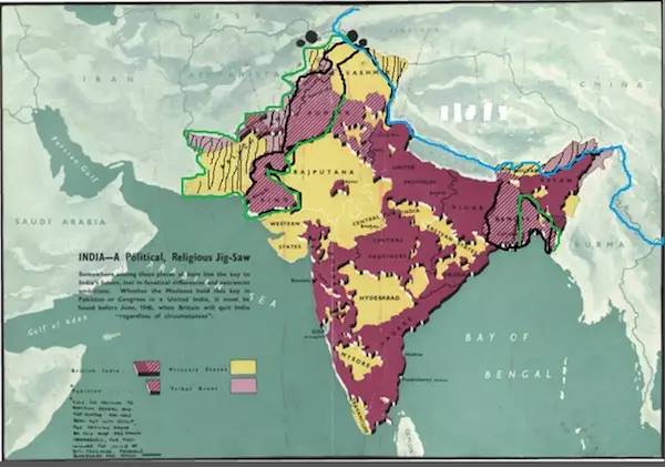 1947年英国基于此图完成印度撤退，而实际上手动斜线部分都存在主权争议。